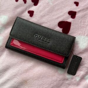 GUESS Black Wallet with Bright Pink Patent Accent